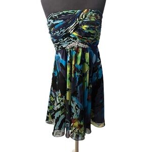 Vintage Oleg Cassini Floral Chiffon Strapless Cocktail Dress Rhinestones Size 8